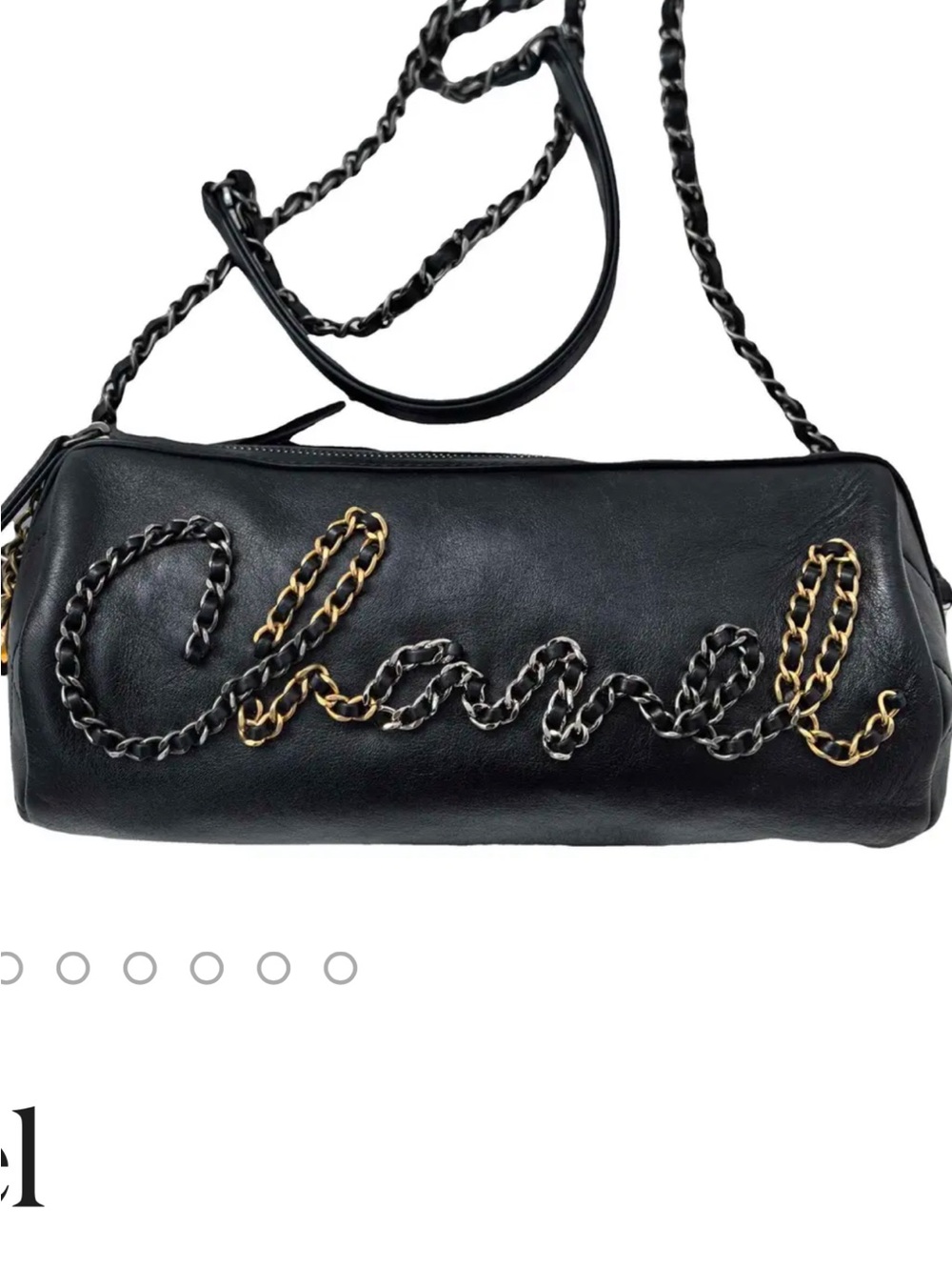 CHANEL Black Leather Crossbody with Mixed Metal Chain Script